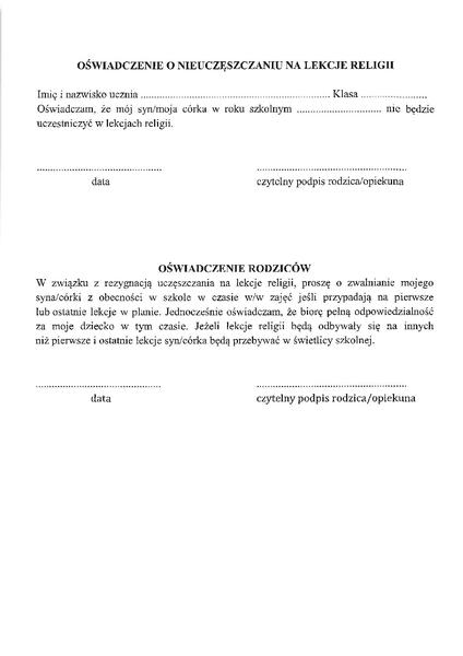 Oświadczenie o rezygnacji z religii